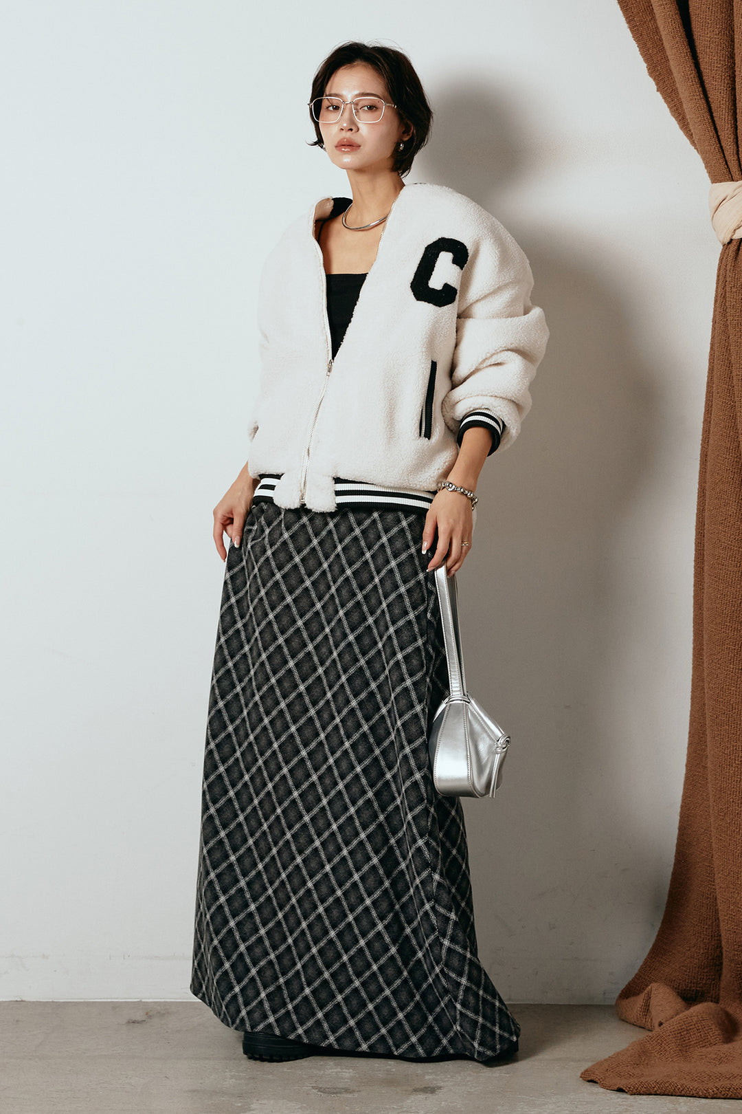 [SET]ロゴスタジャンボアブルゾン+フロッキー起毛チェックスカート(2set)
