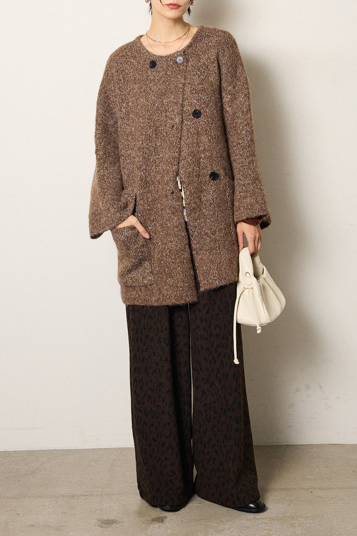 [SET]アシンメトリーボタンニットカーディガン+レオパードジャガードニットパンツ(2set)