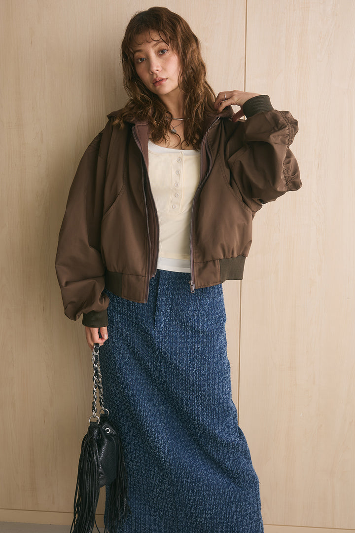 [SET]フード付きMA1 +配色ヘンリーネックタンクトップ+ドットダメージデニムスカート(3set)