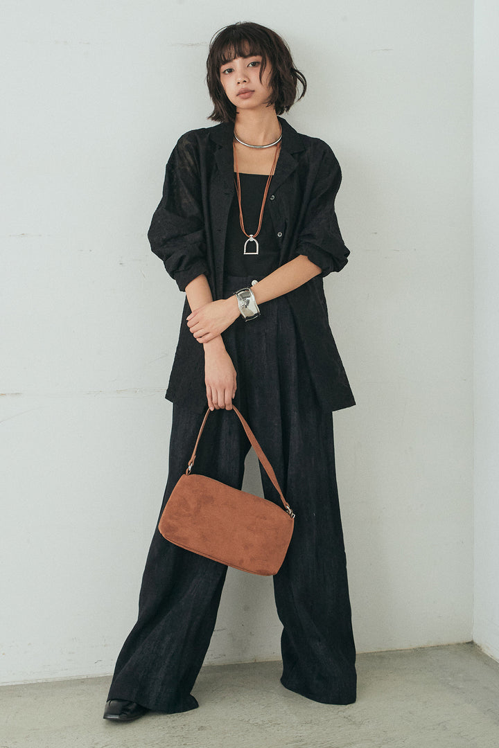 [SET]刺繍シアーオープンカラーシャツ+リネン混かすれ柄ワイドパンツ(2set)