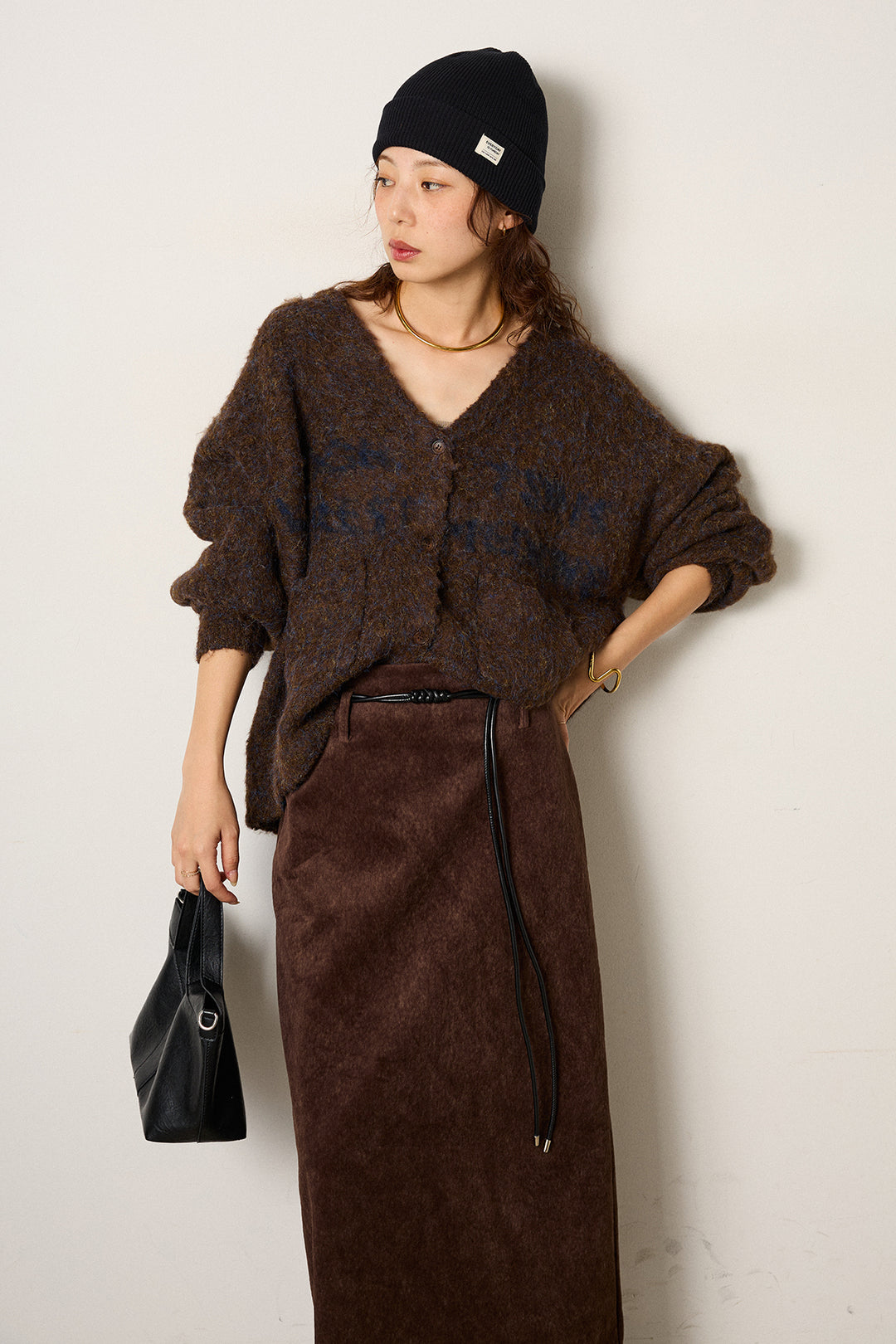 [SET]ウール混透かしロゴニットカーディガン+ロープベルト付きスウェード調スカート(2set)