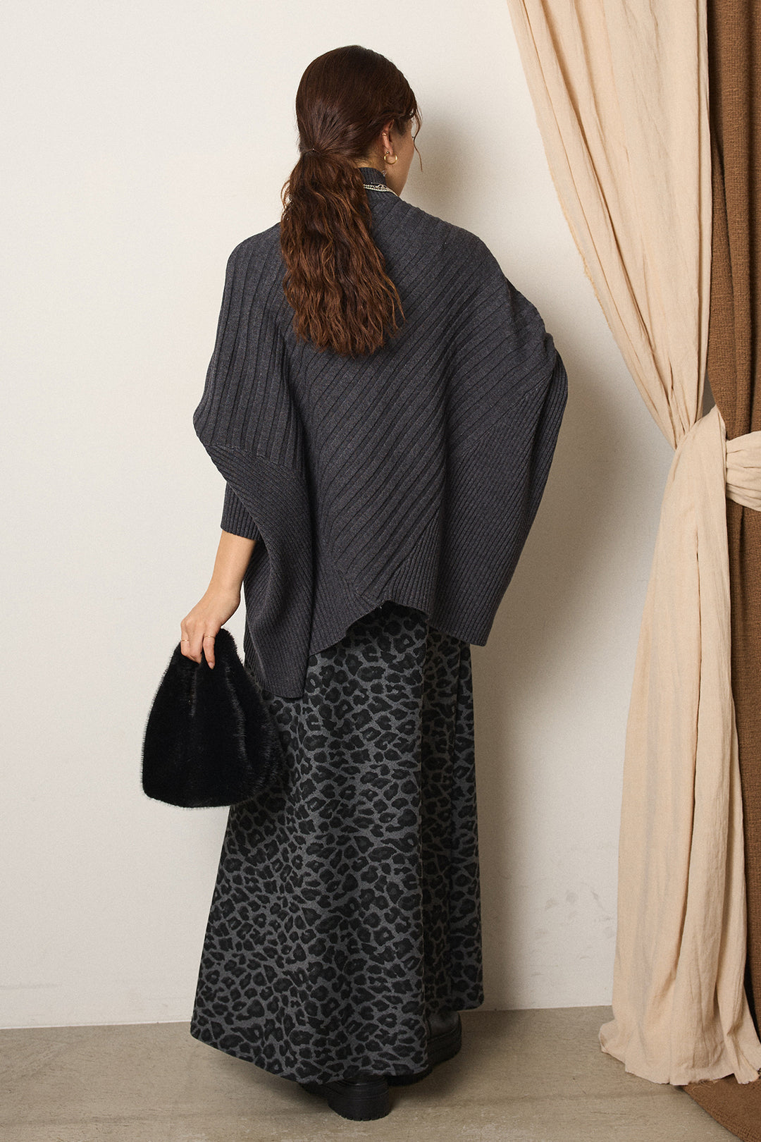 [SET]アシメデザインリブポンチョニットトップス+レオパードロングスカート(2set)
