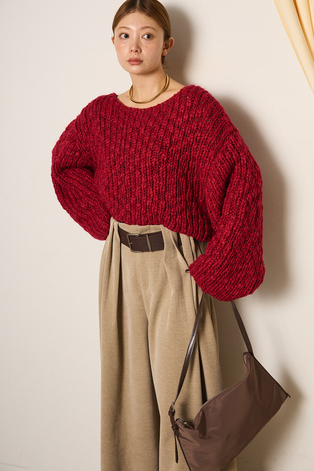 [SET]チャンキースラブニットクロップドプルオーバー+ベルトループコーデュロイワイドパンツ(2set)