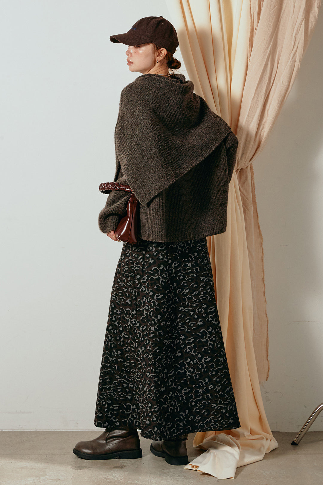 [SET]ケープデザインリブニットトップス+レオパードロングスカート(2set)