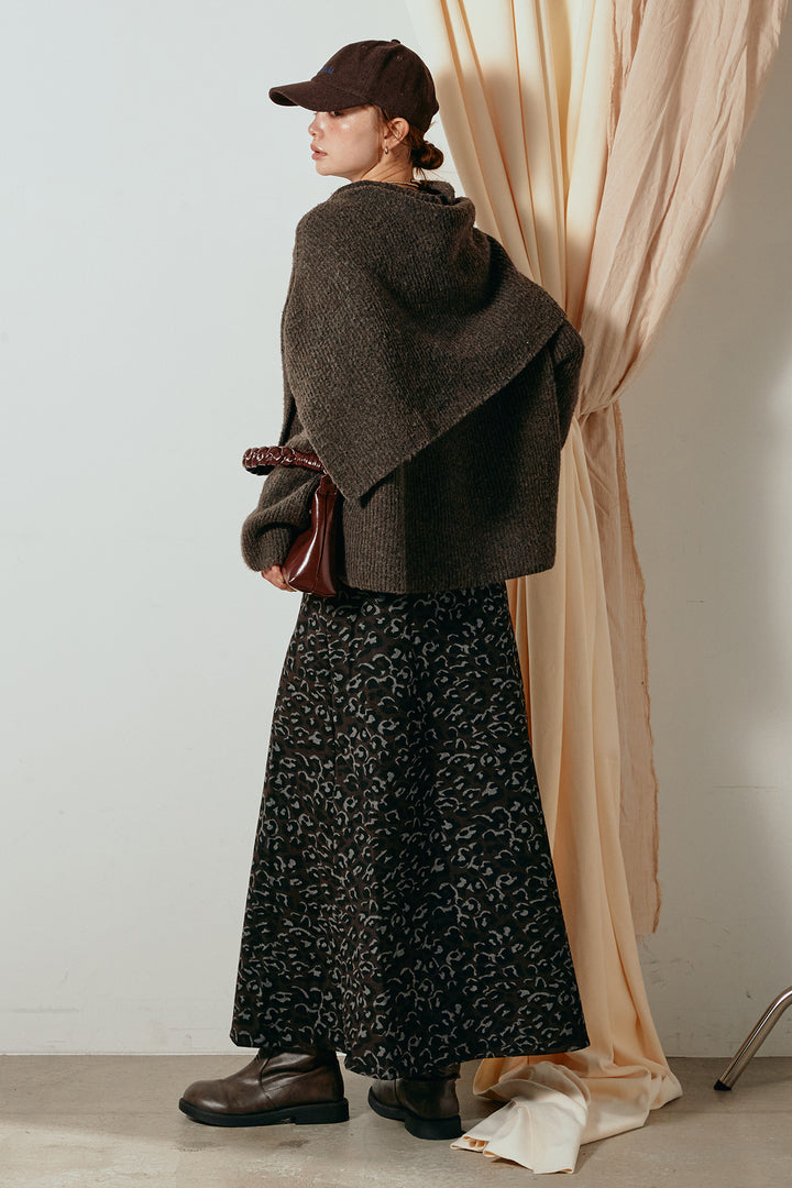 [SET]ケープデザインリブニットトップス+レオパードロングスカート(2set)