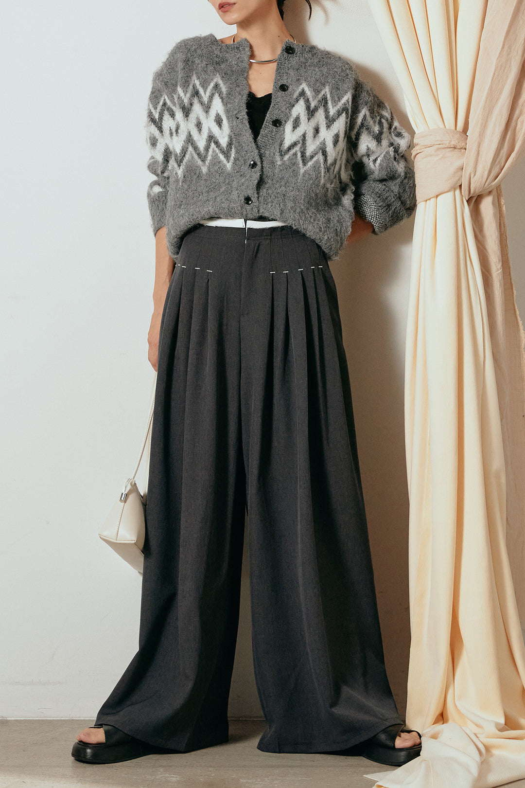 [SET]起毛ノルディック柄ニットカーディガン+ウエストステッチデザインワイドスラックス(2set)