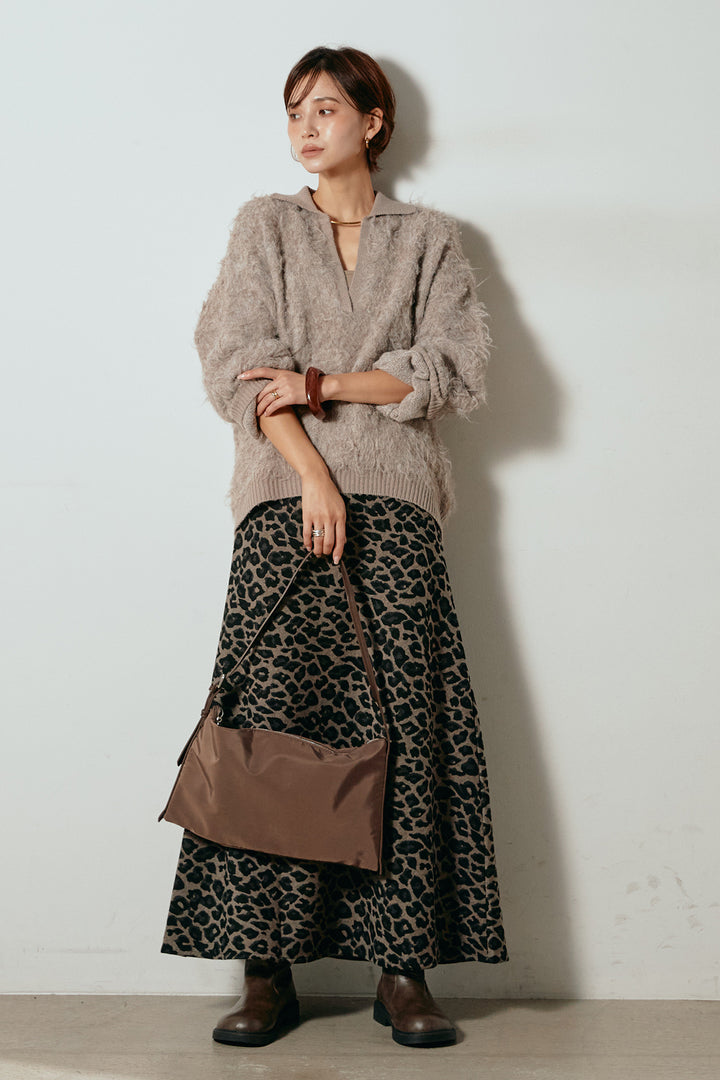 [SET]襟付きシャギーニットポロトップス+レオパードロングスカート(2set)