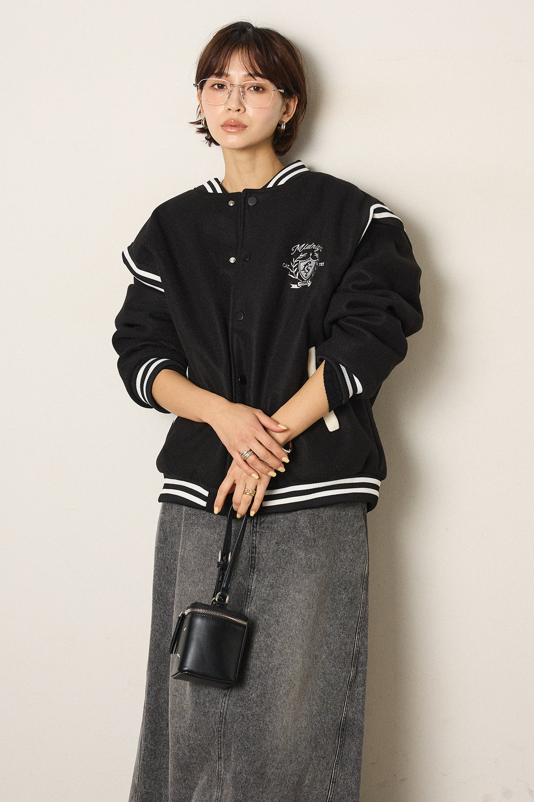 [SET]ワンポイントデザインブルゾン+デニムロングフレアスカート(2set)