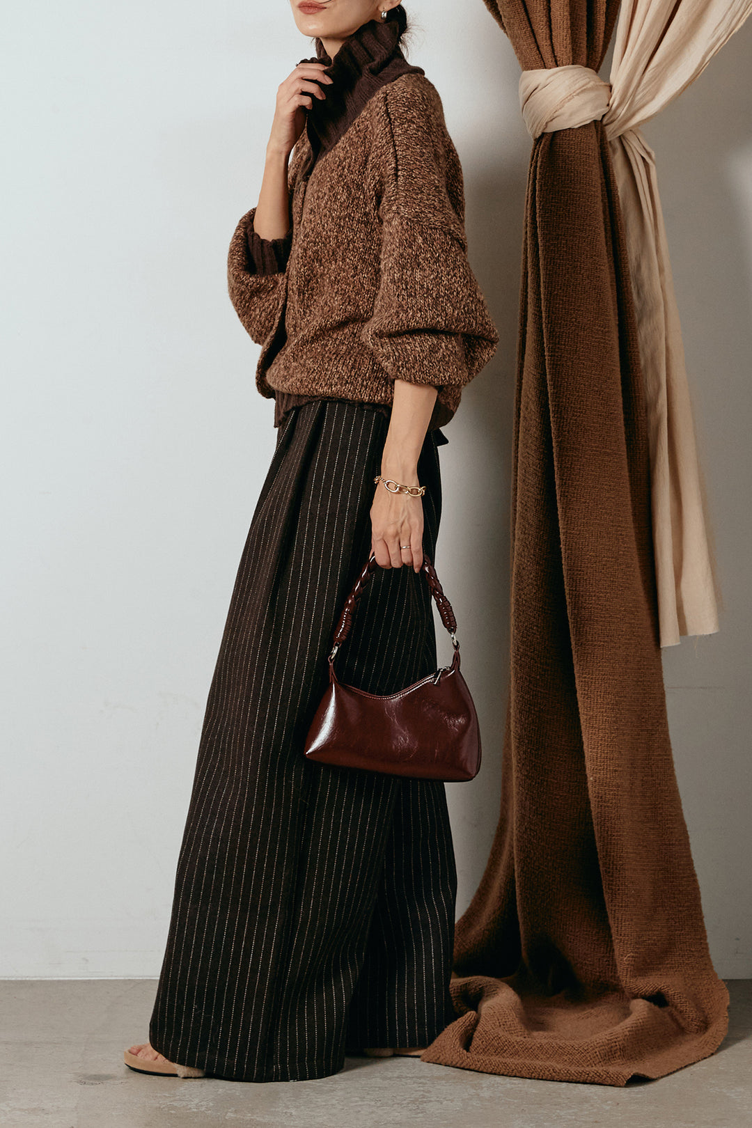 [SET]ハイネックミックスニットカーディガン+ウールライクストライプパンツ(2set)