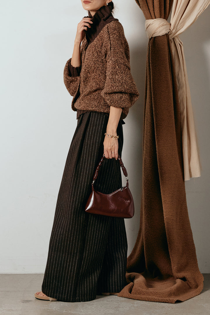 [SET]ハイネックミックスニットカーディガン+ウールライクストライプパンツ(2set)