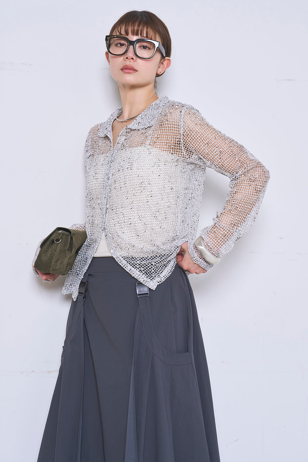 [SET]ネップメッシュポロ襟カーディガン+ラップレイヤードアシンメトリーデザインスカート(2set)