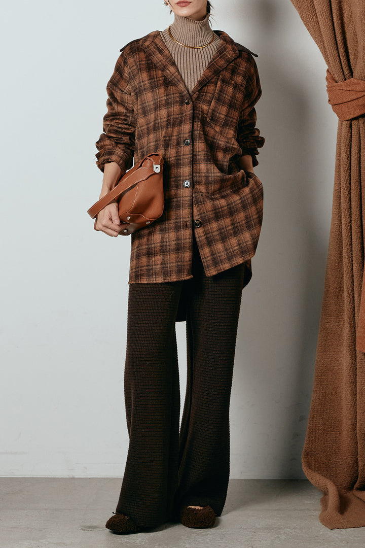 [SET]シャギーチェックシャツジャケット+ワイドリブニットイージーパンツ(2set)