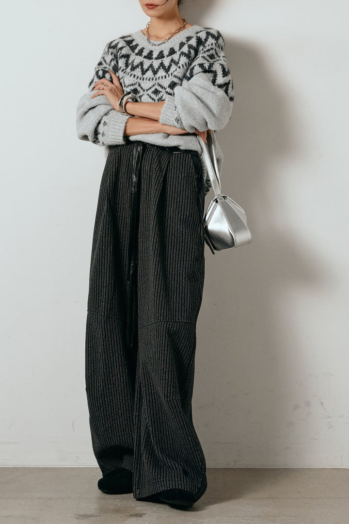 [SET]ノルディック柄Uネックプルオーバー+レザーライク配色ストライプパンツ(2set)