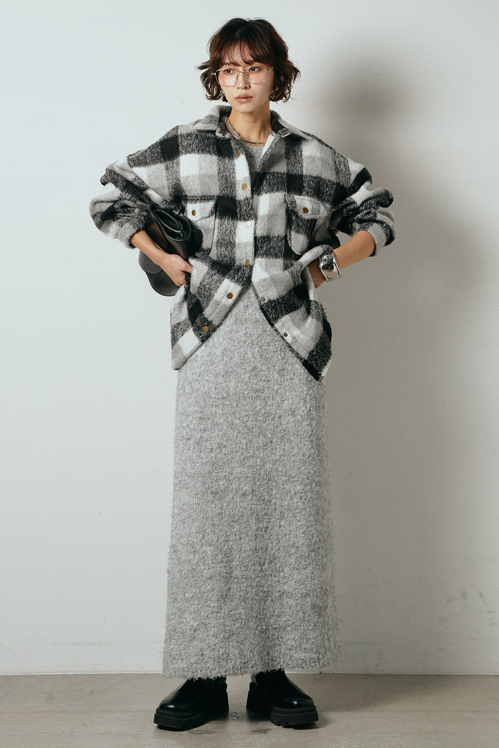 [SET]起毛チェック柄ポケットアウター+起毛ノースリーブニットロングワンピース(2set)