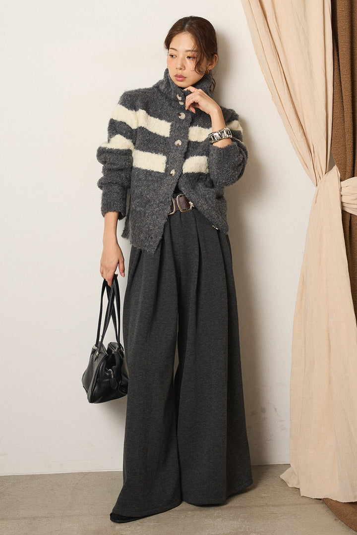 [SET]ハイネックボーダーニットカーディガン+フェイクレザー太ベルト付きタックワイドパンツ(2set)