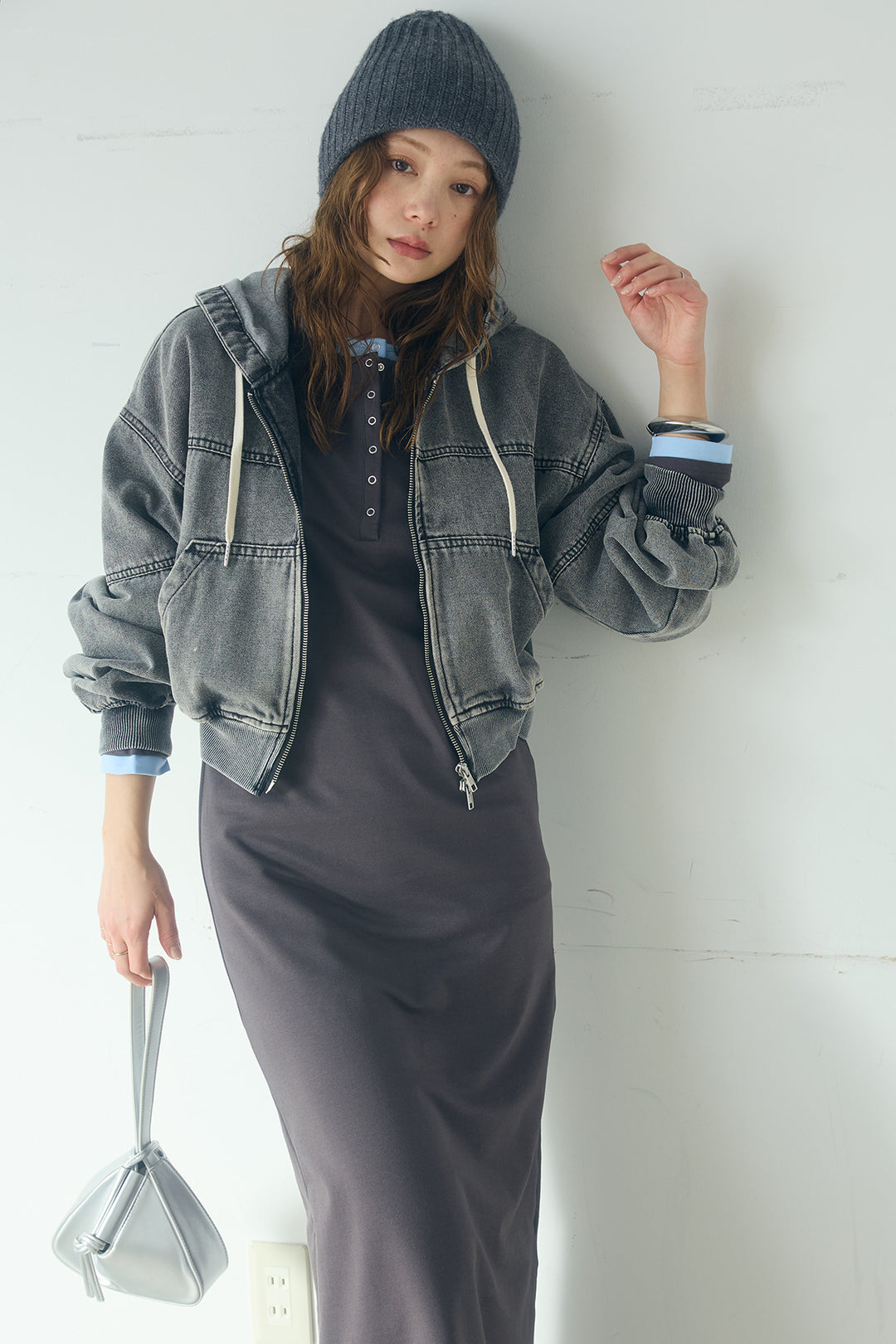 [SET]デニムダブルジップパーカーブルゾン+レイヤード見えヘンリーネックロングワンピース(2set)