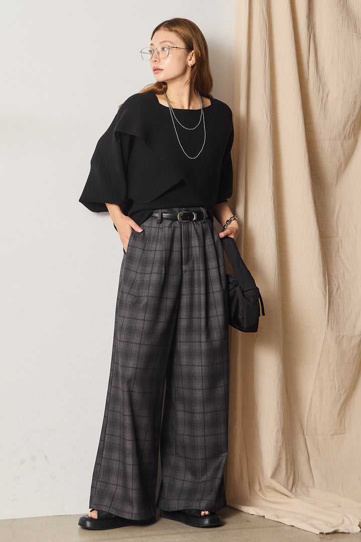 [SET]タンク付きクロスデザインニットプルオーバー+タック入りタータンチェックワイドパンツ(2set)