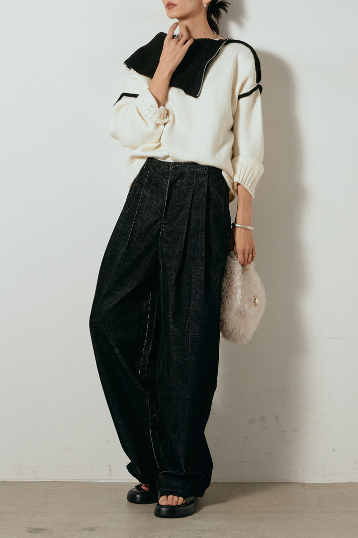 [SET]ハイネックジップデザインニットトップス+フロントタック入りコーデュロイパンツ(2set)