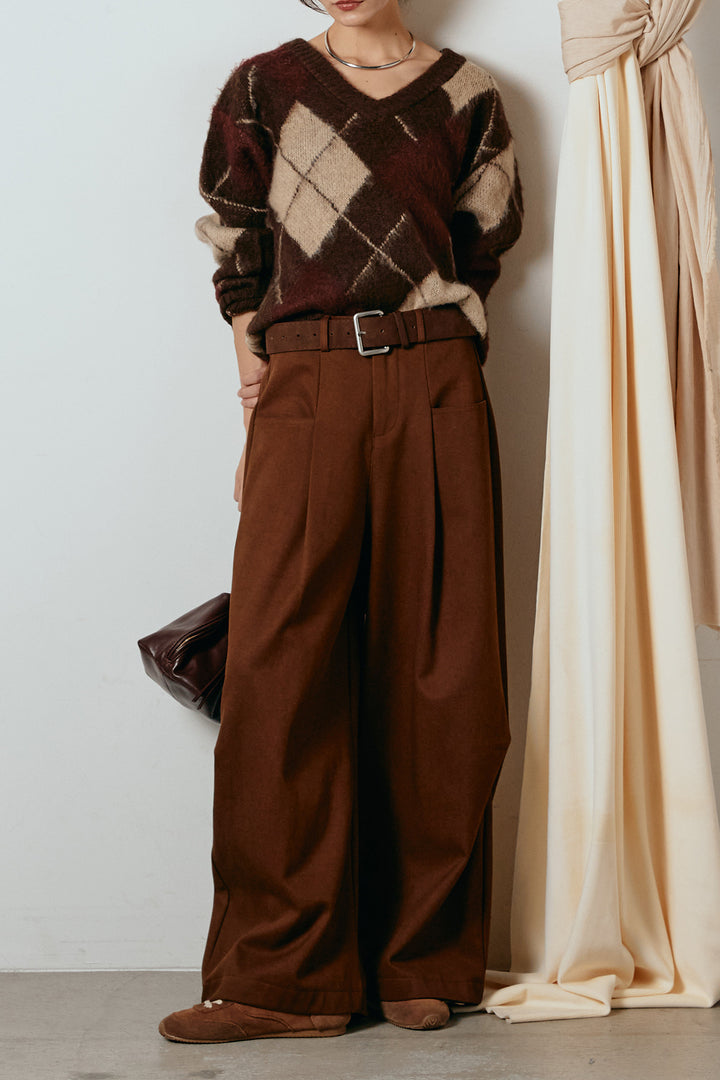 [SET]アクリルモヘアアーガイルVネックプルオーバー+太ベルト付きタックデザインワイドパンツ(2set)