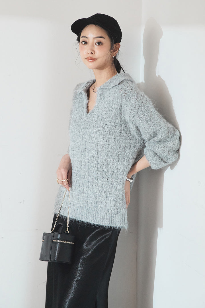 [SET]襟付きVネックニットトップス+裾レースデザインサテンスカート(2set)