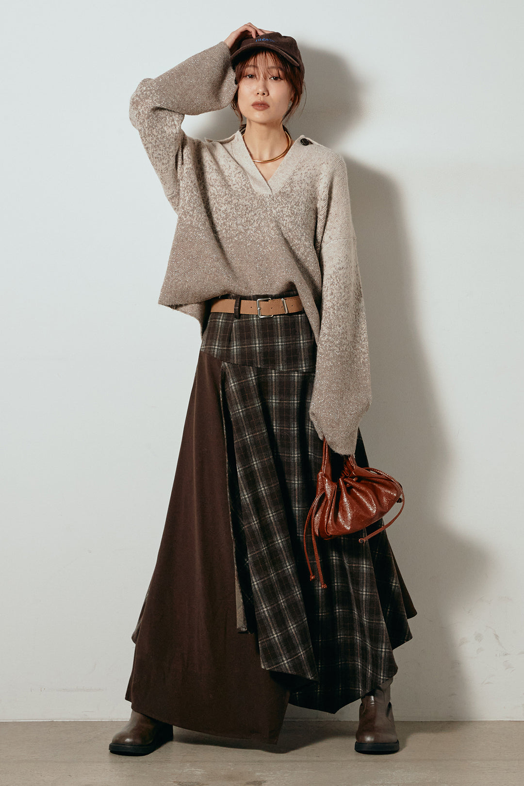 [SET]グラデーションラメニットキーネックプルオーバー+フェイクレザーベルト付き切り替えタータンチェックスカート(2set)