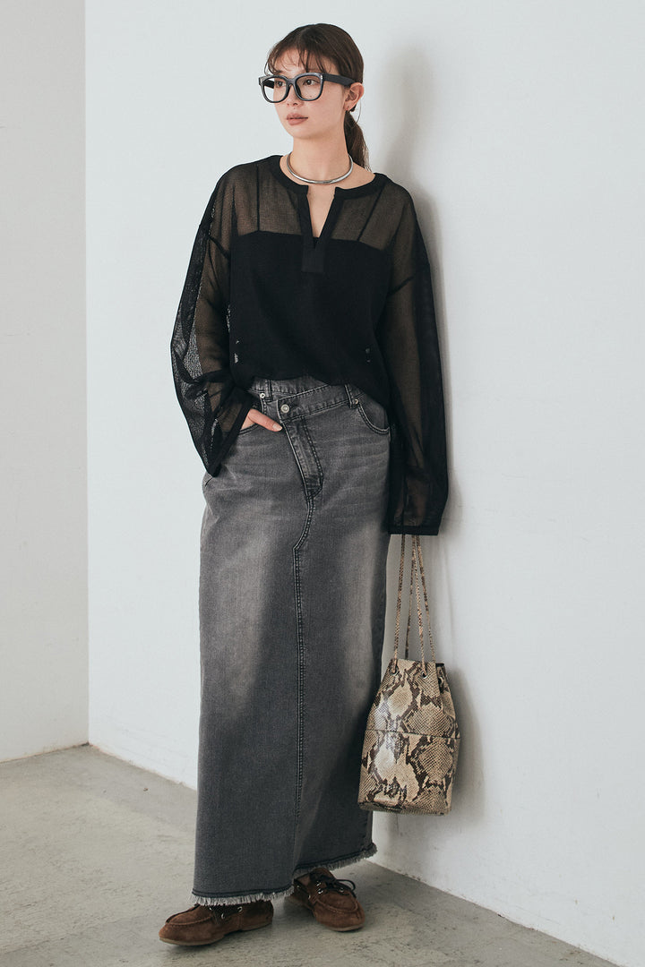 [SET]メッシュカットソースキッパープルオーバー+ウエストクロスデニムタイトスカート(2set)