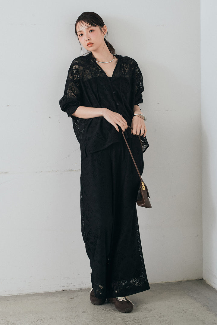 [SET]ブロックレースフード付きブラウス+リラックスブロックレースワイドパンツ(2set)