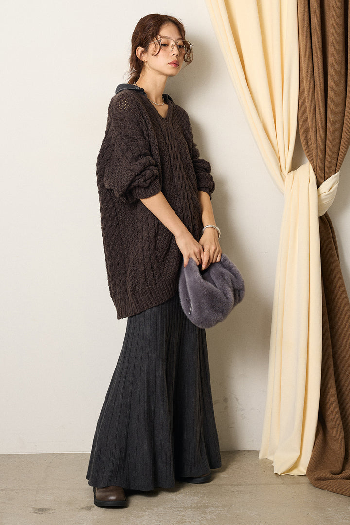 [SET]デニムカラーケーブルオーバーニット+編み地切り替えフレアニットスカート(2set)