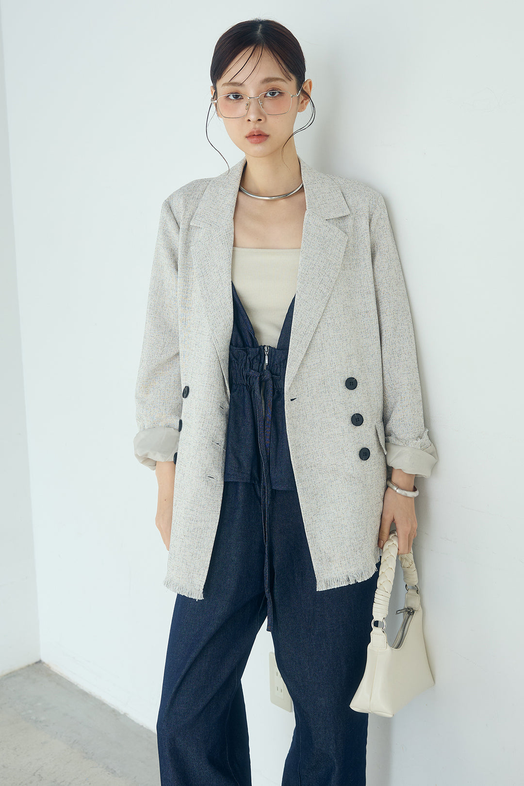 [SET]スラブネップツイードフリンジテーラードジャケット+デニムペプラムコンビネゾン(2set)