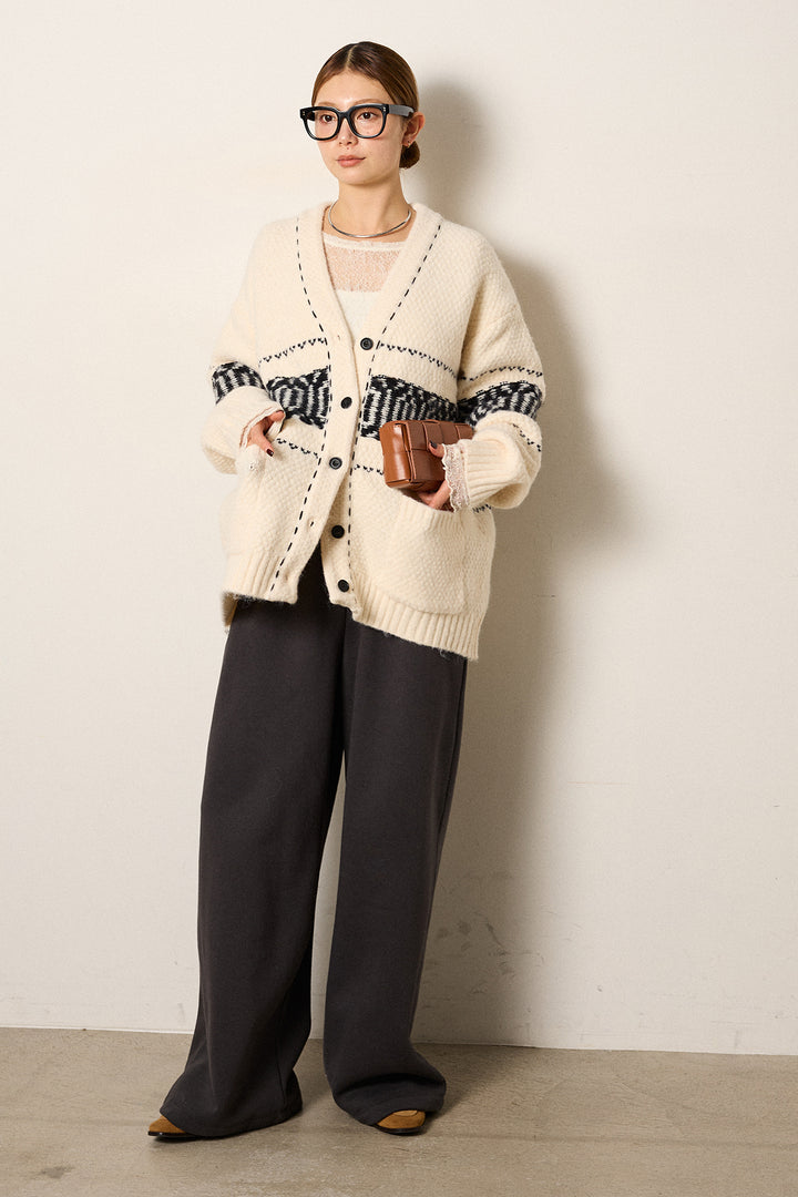 [SET]ライン柄ステッチニットカーディガン+2WAY袖コード刺繍クルーネックプルオーバー+裏起毛スウェットワイドパンツ(3set)