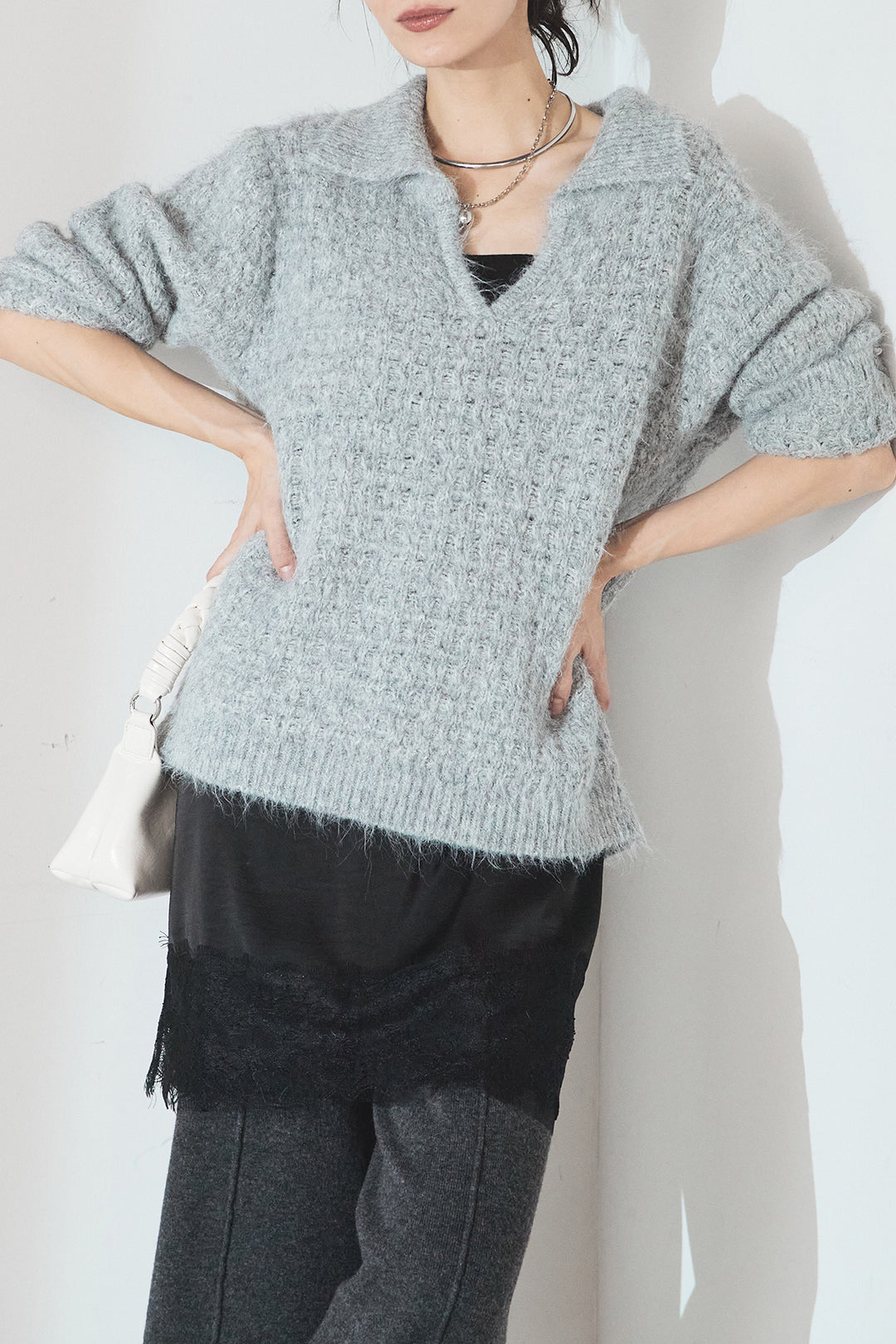 [SET]襟付きVネックニットトップス+センターラインニットパンツ(2set)