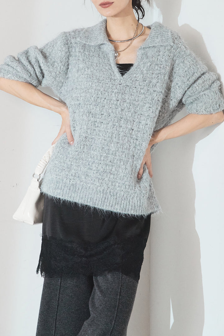 [SET]襟付きVネックニットトップス+センターラインニットパンツ(2set)