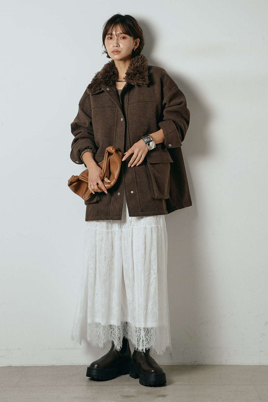 [SET]エコウール衿ファー薄中綿入りミドルカバーオール+ひげレース切替ロング丈スカート(2set)