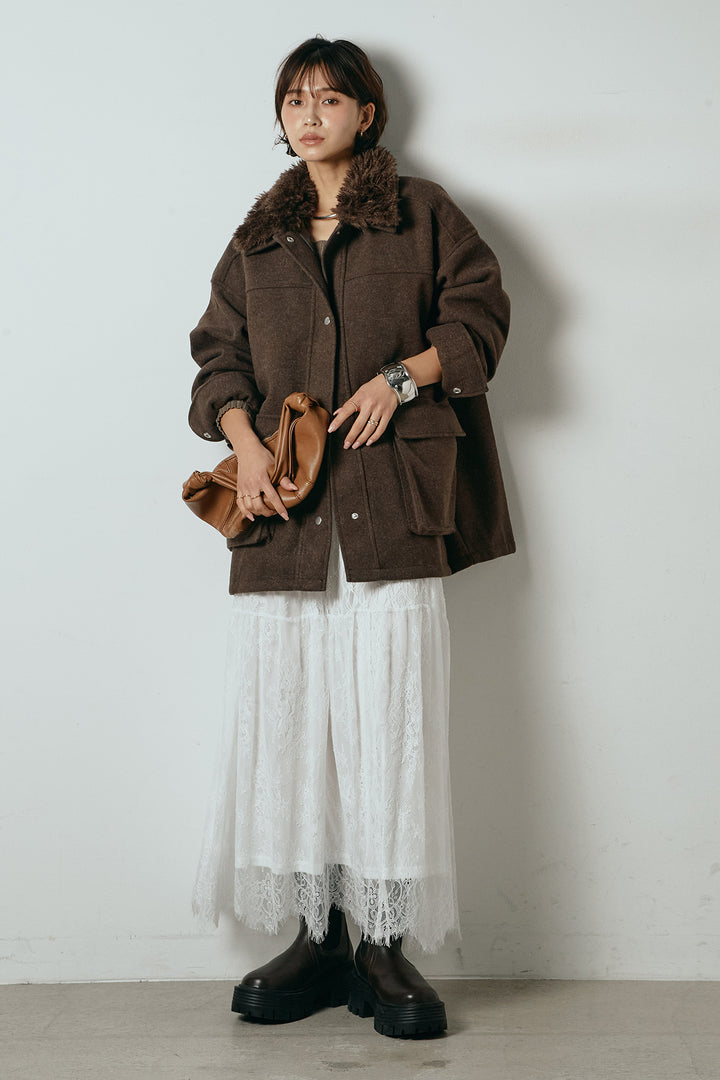 [SET]エコウール衿ファー薄中綿入りミドルカバーオール+ひげレース切替ロング丈スカート(2set)