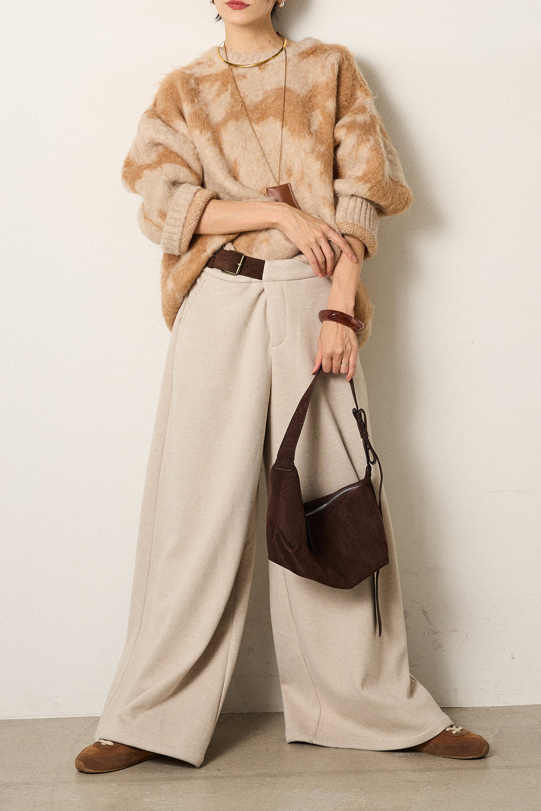 [SET]モヘアタッチマーブルニット+サイドベルトパンツ(2set)