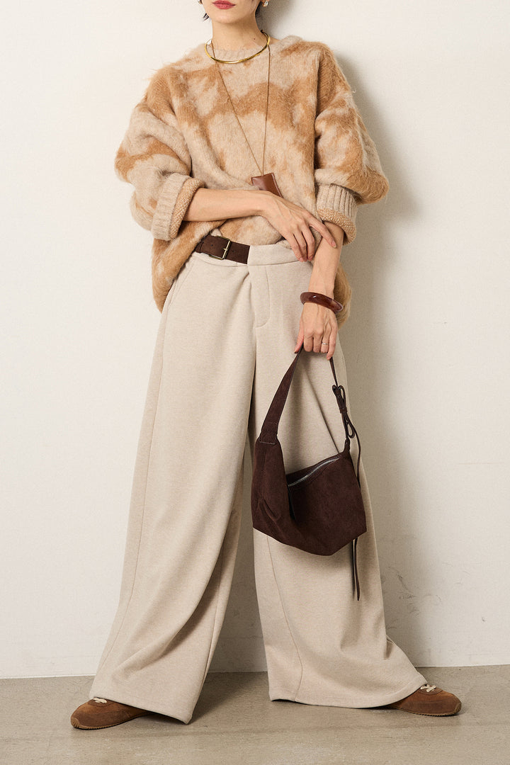 [SET]モヘアタッチマーブルニット+サイドベルトパンツ(2set)