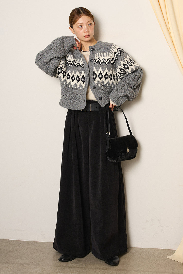 [SET]2WAY求心柄ジャガードショートカーディガン+ベルトループコーデュロイワイドパンツ(2set)