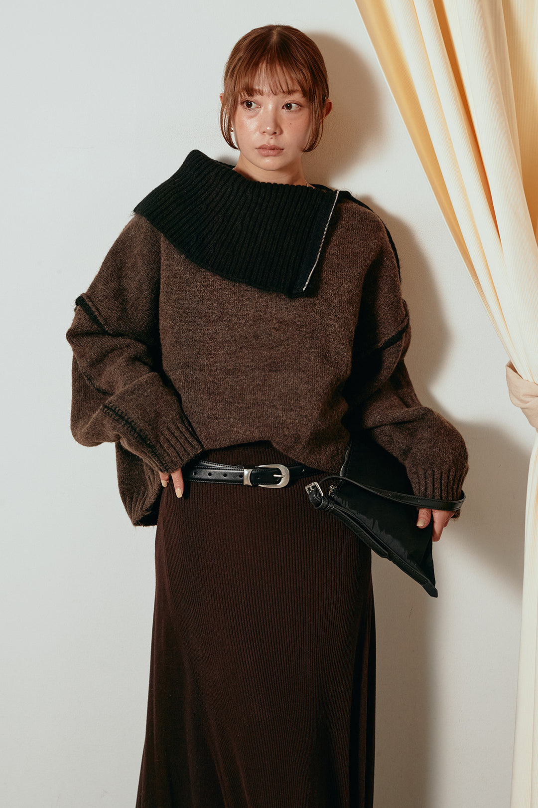 [SET]ハイネックジップデザインニットトップス+サイド切り替えリブニットロングスカート(2set)
