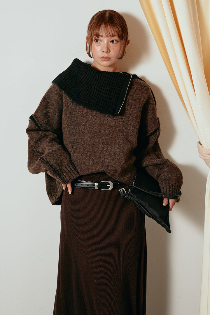 [SET]ハイネックジップデザインニットトップス+サイド切り替えリブニットロングスカート(2set)
