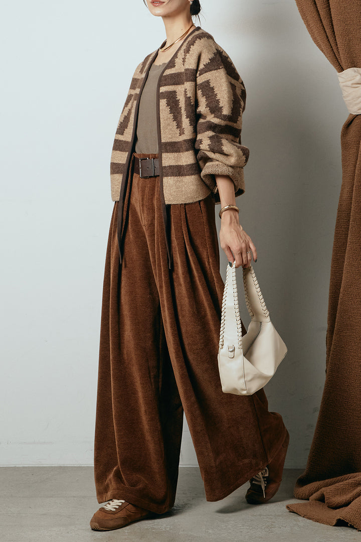 [SET]ノーカラー幾何学模様アウター+ベルトループコーデュロイワイドパンツ(2set)