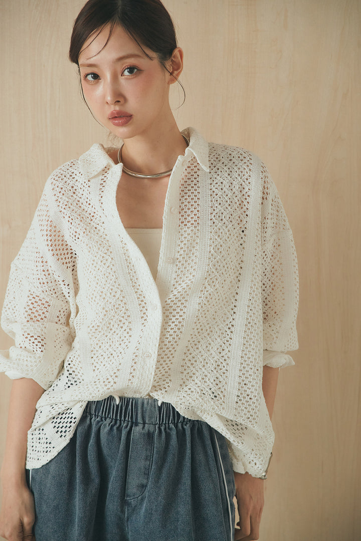 [SET]長袖襟付きレースシャツ+ドロストサイドラインデニムパンツ(2set)