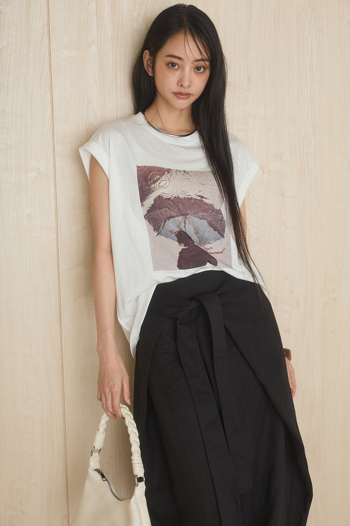 [SET]スクエアニュアンス柄Tシャツ+前結びタックワイドパンツ(2set)