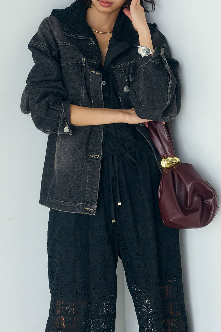 [SET]デニムオーバーサイズジャケット+パッチワークレースイージーパンツ+パッチワークレースショート丈フードシャツ(3set)