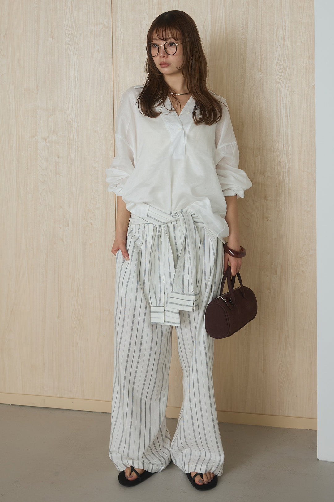 [SET]襟付きボタンブラウス+ウエスト巻きピンストライプパンツ(2set)