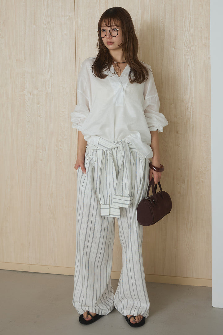 [SET]襟付きボタンブラウス+ウエスト巻きピンストライプパンツ(2set)