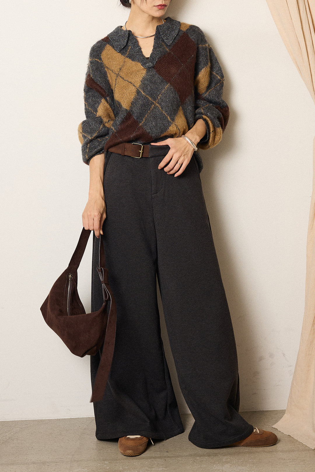 [SET]アクリルモヘアアーガイルキーネックプルオーバー+サイドベルトパンツ(2set)