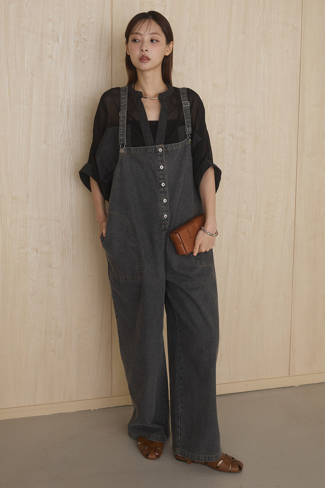 [SET]デニムライクビッグツーポケシアーシャツ+フロントボタンデニムサロペット(2set)