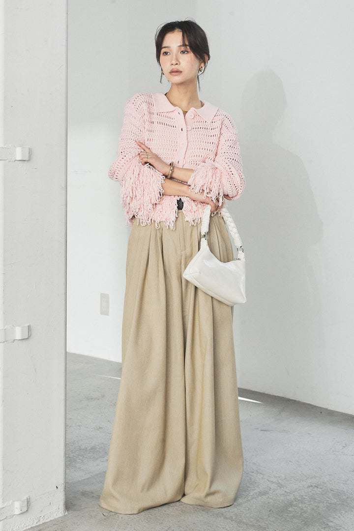 [SET]メッシュフリンジカーディガン+編みベルト付きウエストタックワイドパンツ(2set)