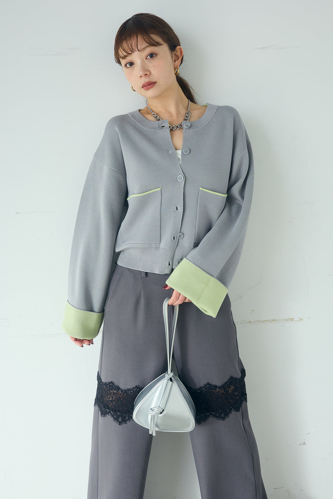 [SET]レーヨンポリダブルフェイスカーディガン+レース刺繍切替ワイドパンツ(2set)