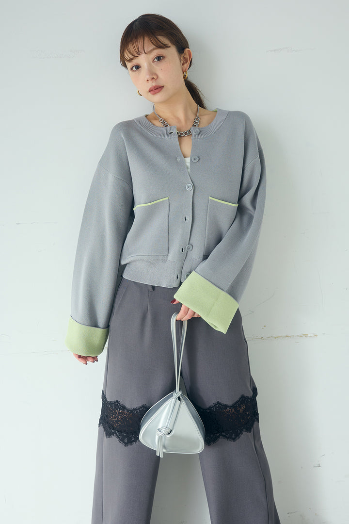 [SET]レーヨンポリダブルフェイスカーディガン+レース刺繍切替ワイドパンツ(2set)